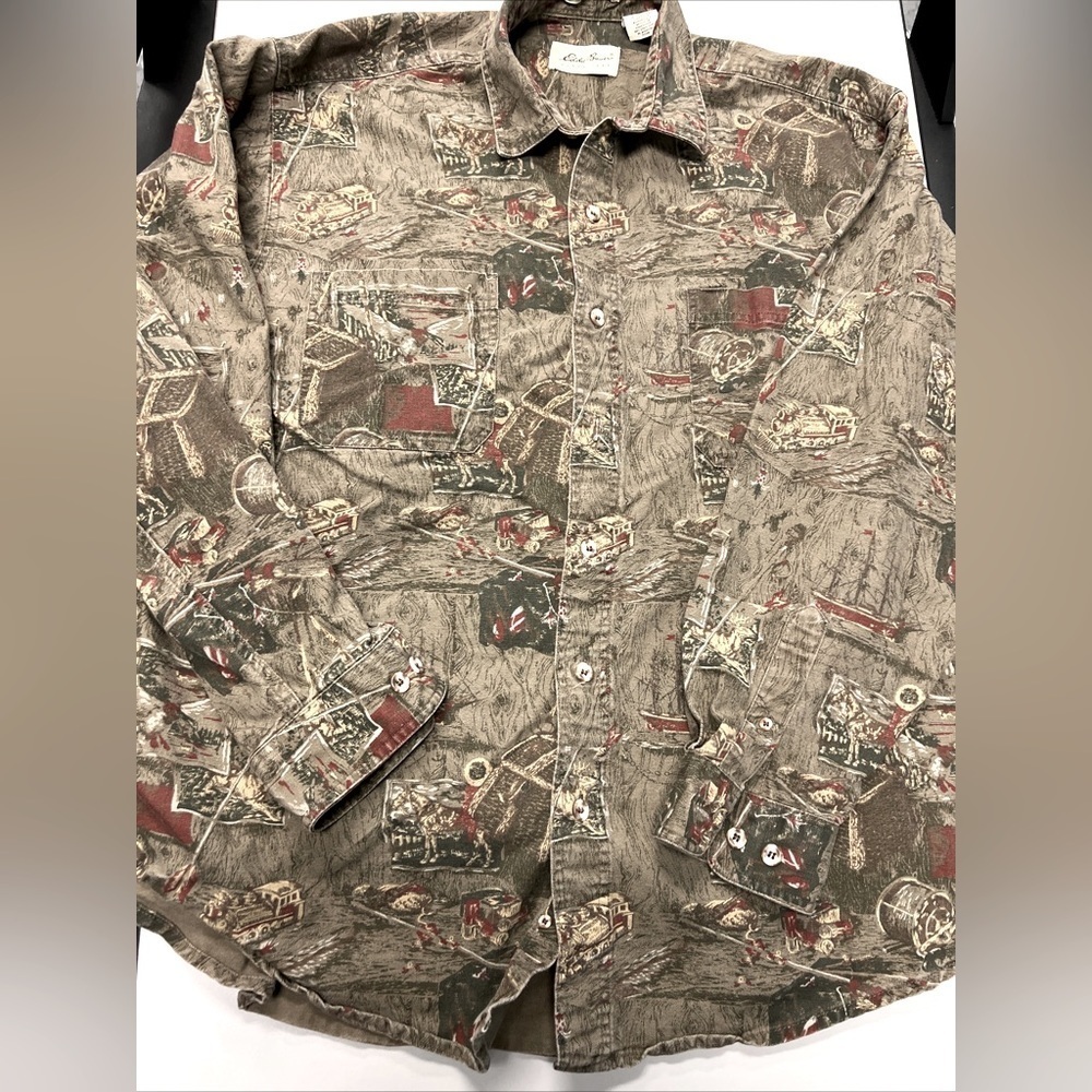 Eddie Bauer Elkhorn Canvas Shirt Mens XL Brown Outdoor Hunting Fishing Print VTG